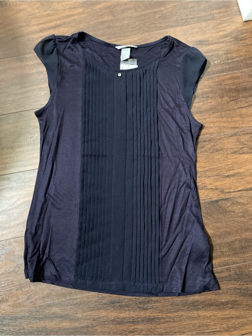 H&M Navy Pleated Cap Sleeve Silky Soft Top